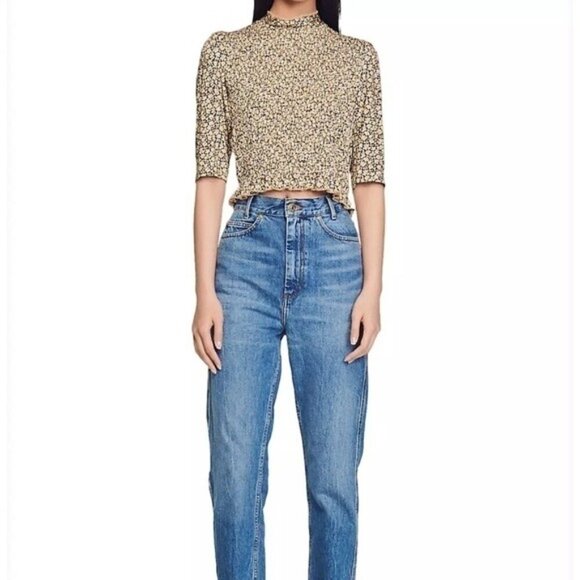 Sandro Gigi Floral-Print Smocked Crop Tee SIZE S Small - Picture 1 of 14